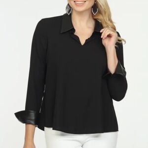 Joseph Ribkoff georgette top black faux leather collar women’s size 2 blouse